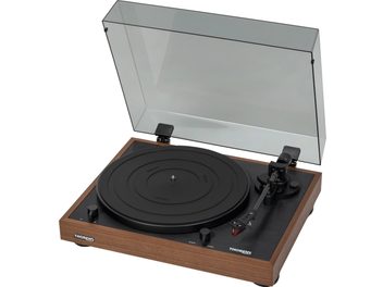 Gramofon Thorens TD 402 DD OAK 2R černý a s dubovou povrchovou úpravou, průhledný kryt otevřený, pohled ze tří čtvrtin