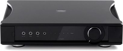 Ampli hi-fi stéréo Rega Aethos noir, vue de face, façade avec boutons et molette, 2 haut-parleurs latéraux
