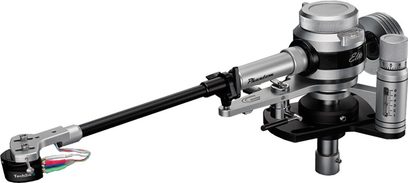 Graham Phantom Elite pladecenterere - 12" lange i sølvfarvet og sort metal, set fra oven og siden