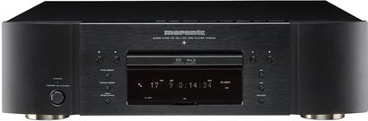 Marantz UD8004 4K Blu-ray-Player schwarz, Frontansicht, blaue Anzeige, Tasten und Anschlüsse an der Vorderseite, zwei silberfarbene Füße