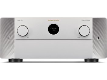 Marantz Cinema 30 sølv hjemmebiografforstærker, stilrent frontpanel, sort skærm, to store drejelige knapper