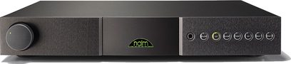 Naim Audio NAIT XS2 stereo hi-fi forstærker, frontpanel, forfra, sort kabinet, sølvfarvede knapper og stik