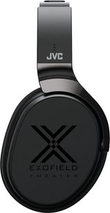 JVC XP-EXT1 sort hovedtelefoner, venstre profilvisning, "JVC"-logo på ørestykke, "X EXOFIELD THEATER"-logo på ørekop