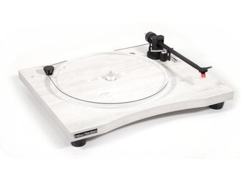 New Horizon 129 white turntable, top view, black tonearm, white grooved circular platter, black buttons and switch