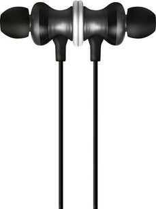 Černé intra-aurální sluchátka Elipson IN-EAR N°1, pohled zepředu, silikonové náušníky, lesklé kovové tyčinky