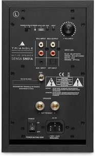 Triangle SENSA SN01A aktiv højttaler, frontvisning af kontrolpanelet med RCA- og optiske indgange, lydstyrkekontrol og LED-indikator