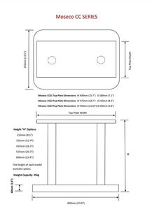 Rektangulært afrundet højttaler-stativ fra Atacama Audio Moseco CC-serien med detaljerede dimensioner og teknisk diagram