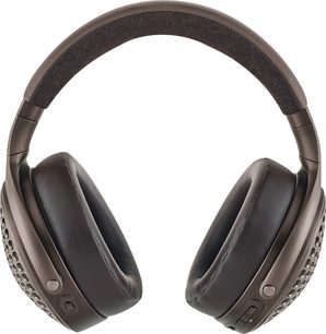Draadloze hifi-hoofdtelefoon Focal Bathys MG van voren gezien met gewatteerde hoofdband, ovale leren oorkussens en bedieningselementen op de linker oorschelp