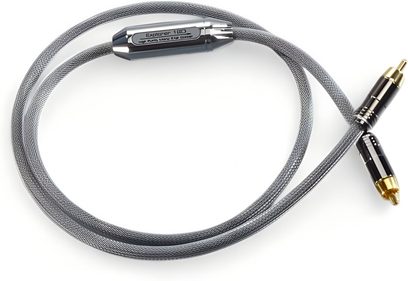 Cable de audio RCA Siltech Explorer 180i, funda trenzada gris, dos conectores macho negros con puntas doradas, carcasa metálica