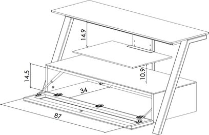 Træ-TV-møbel med to hylder og en skuffe, set forfra i perspektiv med dimensioner i centimeter