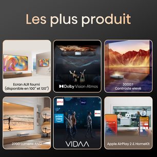 Hisense 100L5HD, ALR-skærm inkluderet, Dolby Vision Atmos, høj kontrast 3000:1, 2700 ANSI lumens, VIDAA, Apple AirPlay 2 og HomeKit