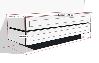 Rektangulært hvidt og sort TV-møbel, set forfra med mål, 150,9 cm langt, 52,5 cm dybt, 50,4 cm højt