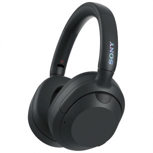 Bezdrátová hi-fi sluchátka Sony ULT WEAR v černé barvě, pohled ze tří čtvrtin, zakřivený oblouk, kulaté náušníky, viditelný logo