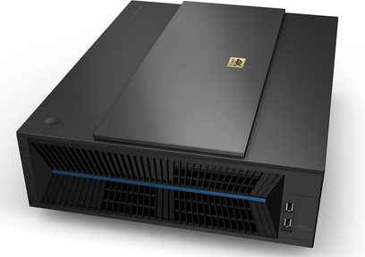Benq V6050 sort videoprojektor, set forfra og ovenfra, ventilationsgitre, tilslutningsporte, gyldent logo