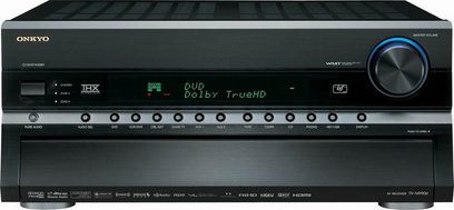 Onkyo TX-NR906 sort hjemmebiografsforstærker, front med blå skærm, knapper og drejeknapper, set forfra