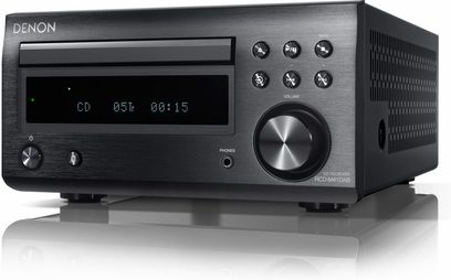 Denon D-M41DAB sort hi-fi mini-anlæg, set forfra, LCD-display, knapper og kontrolknap, indbygget CD-afspiller