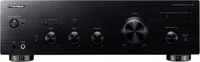 Pioneer A-50-K schwarzer Stereo-Hi-Fi-Verstärker, Frontansicht, Tasten und Anschlüsse an der Vorderseite, zwei große Lautstärke- und Auswahlregler