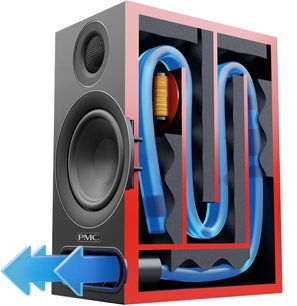 Βιβλιοθήκη ηχείων PMC Prodigy1 μαύρη, όψη από μπροστά σε τομή, με ορατά μπλε ηχεία στο εσωτερικό του κουτιού