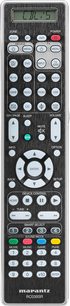 Sort Marantz RC033SR fjernbetjening, set forfra, med mange farvede knapper og en LCD-skærm, der viser "CH 75"