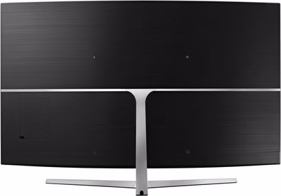 Samsung UE65MU9005 fladskærms-TV, rektangulær sort skærm, smal sølvfarvet ramme, sølvfarvet T-formet midterfod