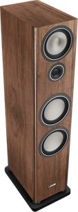 Canton Townus 100 walnut floorstanding speaker, three-quarter view, wooden cabinet and three light-colored drivers with a central tweeter
