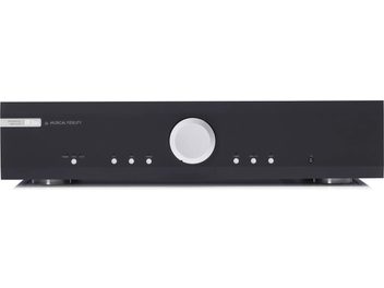 Musical Fidelity M3si sort stereo hi-fi forstærker med sølvfarvet cirkulær centerknap og 8 mindre runde knapper