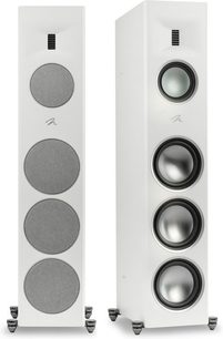 MartinLogan Motion XT F200 zuil luidspreker mat wit met vier ronde luidsprekers en een verticale rechthoekige tweeter