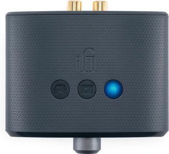 Аудіоперетворювач DAC iFi Audio Uno, прямокутний корпус темно-сірого кольору з текстурою, 3 круглі чорні та сині кнопки, вид спереду