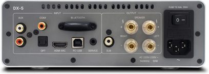 Rotel DX-5 sølv integreret hi-fi stereo forstærker i metal kabinet, bagfra med fire guldbelagte højttalerterminaler, RCA-porte, coaxial, optisk, HDMI ARC, PC-USB, subwoofer-udgang, tænd/sluk-knap og ventilationsåbninger