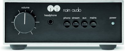 Naim NAIT 50 Stereo-HiFi-Verstärker, schwarze Aluminium-Frontplatte, weiße Regler, Knöpfe, Anschlüsse, schlichtes Design
