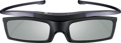 3D-Brille Samsung SSG-5100GB schwarz, Frontansicht, breite Bügel, dunkelgraue rechteckige Gläser, schmale Nasenbrücke, auf weißem Hintergrund