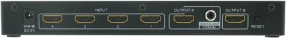 Przełącznik i spliter HDMI Connect Research CBH4012 4 na 2 czarny, widok z przodu, 4 wejścia HDMI, 2 wyjścia HDMI, przycisk resetowania
