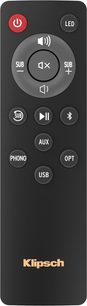 Telecomandă neagră Klipsch cu butoane pentru controlul unei boxe fără fir, inclusiv volum, redare, surse și LED