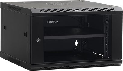 Zwarte audiovisuele rackkast Norstone Pro Wall Rack 6U met glazen deur, afneembare zijpanelen, interne plank en ventilatieopeningen
