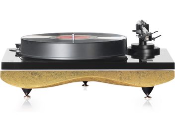 Gramofon hi-fi Gold Note Mediterraneo w kolorze złotym z ramieniem B7 ceramic, na dopasowanej, pozłacanej podstawie drewnianej