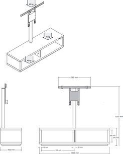 TV-møbel Norstone Design Saeby 2 med dimensioner i mm, set forfra og fra siden, i sort/hvid, teknisk stil