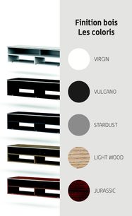 Meuble TV en bois avec 5 coloris de finition présentés : virgin, vulcano, stardust, light wood et jurassic
