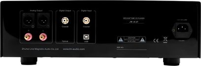 Lettore CD ad alta fedeltà Line Magnetic LM-32CD vista posteriore nera con connettività RCA XLR coassiale e USB