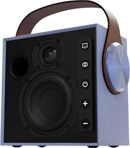Prenosni bluetooth zvočnik Morel Biggie v svetlo modri mat plastiki, s črno sprednjo stranjo, vgrajenim wooferjem, visokotoncem, okroglim bas refleksom in stolpcem gumbov, velikim srebrnim gumbom za glasnost na desni strani ter rjavim usnjenim ročajem, pogled v tričetrtinskem kotu spredaj