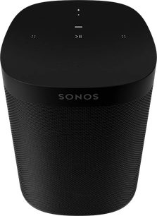 Trådløs højttaler Sonos One (2. gen.) i mat sort, set forfra, sort gitter, Sonos-logo, berøringsknapper på toppen