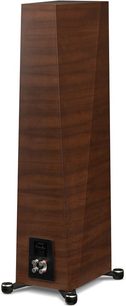 Paradigm Founder 100F floorstanding speaker in walnut finish, front view, with dark wood cabinet, black grille, and metal feet