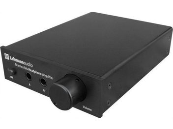 Lehmann Audio Drachenfels black headphone amplifier, front view, rectangular matte black enclosure, buttons and jacks on the front
