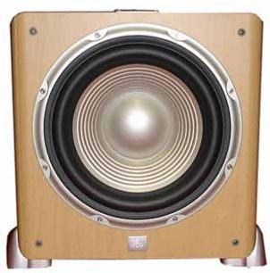 JBL L8400P baskabin, set forfra, sort rund højttaler med sølvfarvet metalring i firkantet beige kabinet