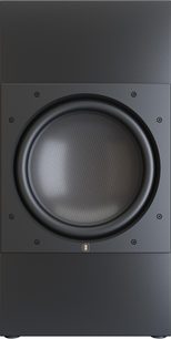 Caisson de basses Perlisten R18is noir mat, vue de face, grand woofer central à membrane grise texturée, vis métalliques