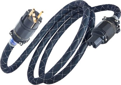 Napájecí kabel Furutech Empire Plus E 1,5 m, tmavě modrý opletený plášť s bílými kříženími, pozlacené vidlice Schuko