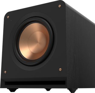 Klipsch RP-1200SW sort subwoofer set forfra, kobberfarvet højttaler, metalgitter, 4 koniske fødder