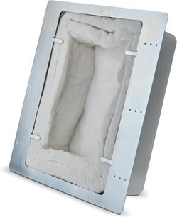 Light gray metal Focal fireproof enclosure, front perspective view, with rectangular opening and visible mounting hardware