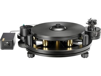 Michell Engineering GYRO T8 Cusis E sort pladespiller med guldfarvede elementer, tonearm til højre