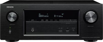 Facciata nera di un amplificatore home theater Denon AVR-X2300W con display LCD, pulsanti, manopole e porta USB