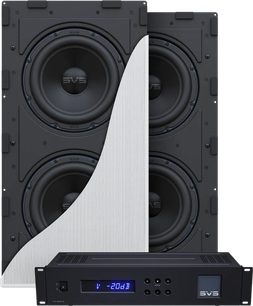 Subwoofer SVS 3000 černý k vestavbě, 3 kulaté černé reproduktory, vestavěný zesilovač s modrým displejem